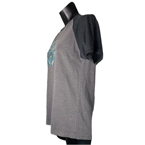 prAna Small T-Shirt Gray Contrast Collar Raglan Short Sleeve Boho Art 70s Retro - Picture 3 of 5